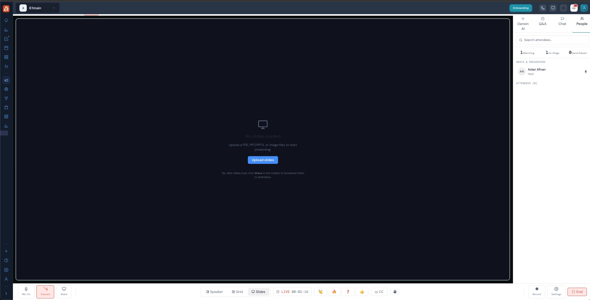 The Slides view with a 'No slides loaded — Upload slides' prompt; upload a PDF, PPT/PPTX, or image files, then Share to broadcast.