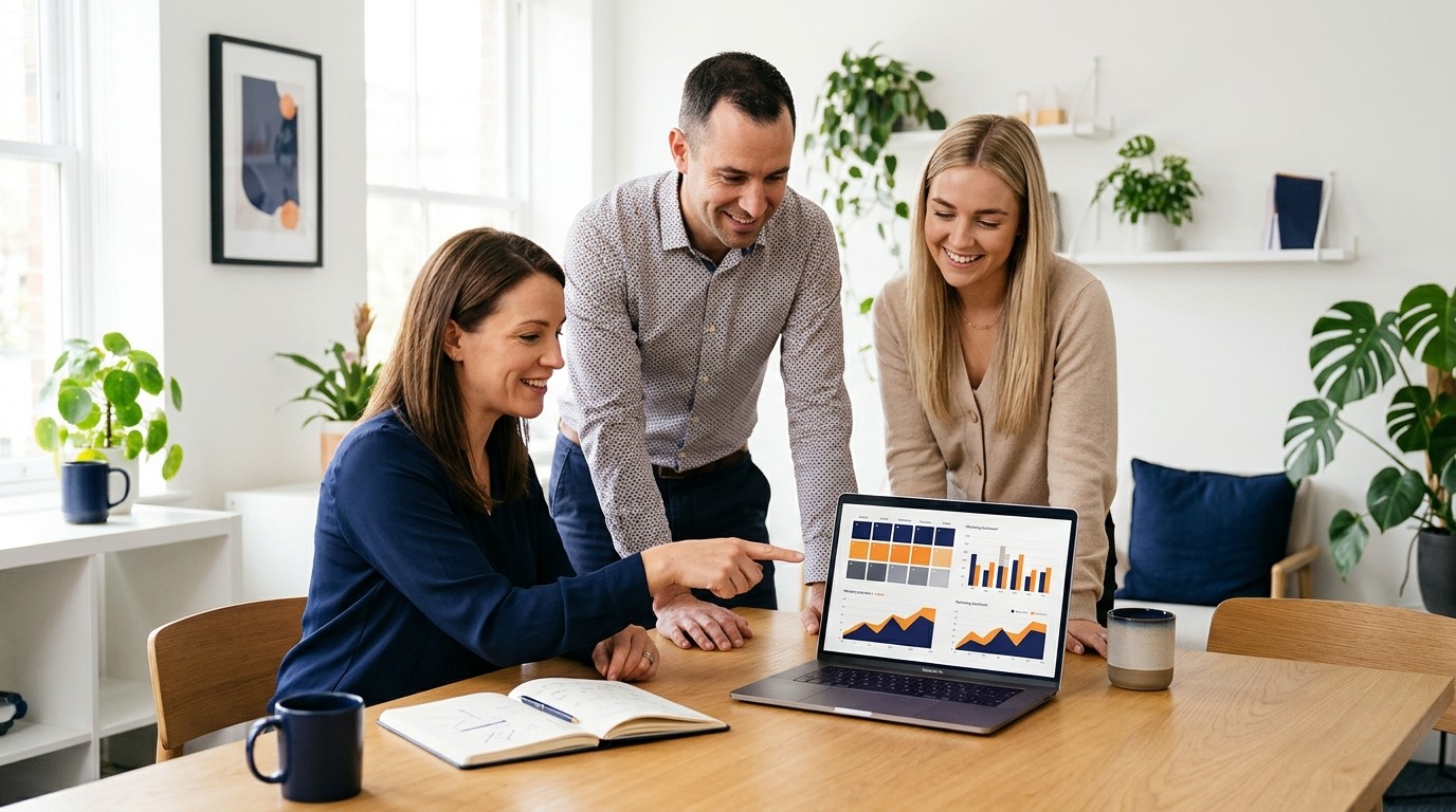 Small business team of three reviewing a marketing dashboard with scheduled emails and social posts on a laptop