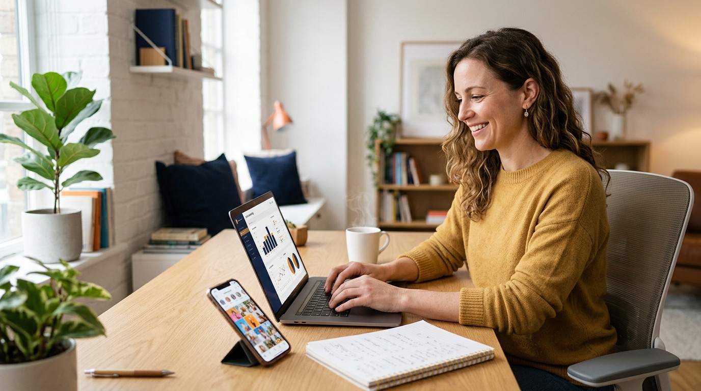 Four icons representing email campaigns, social posts, lead follow-up and SEO content arranged around a central AI assistant