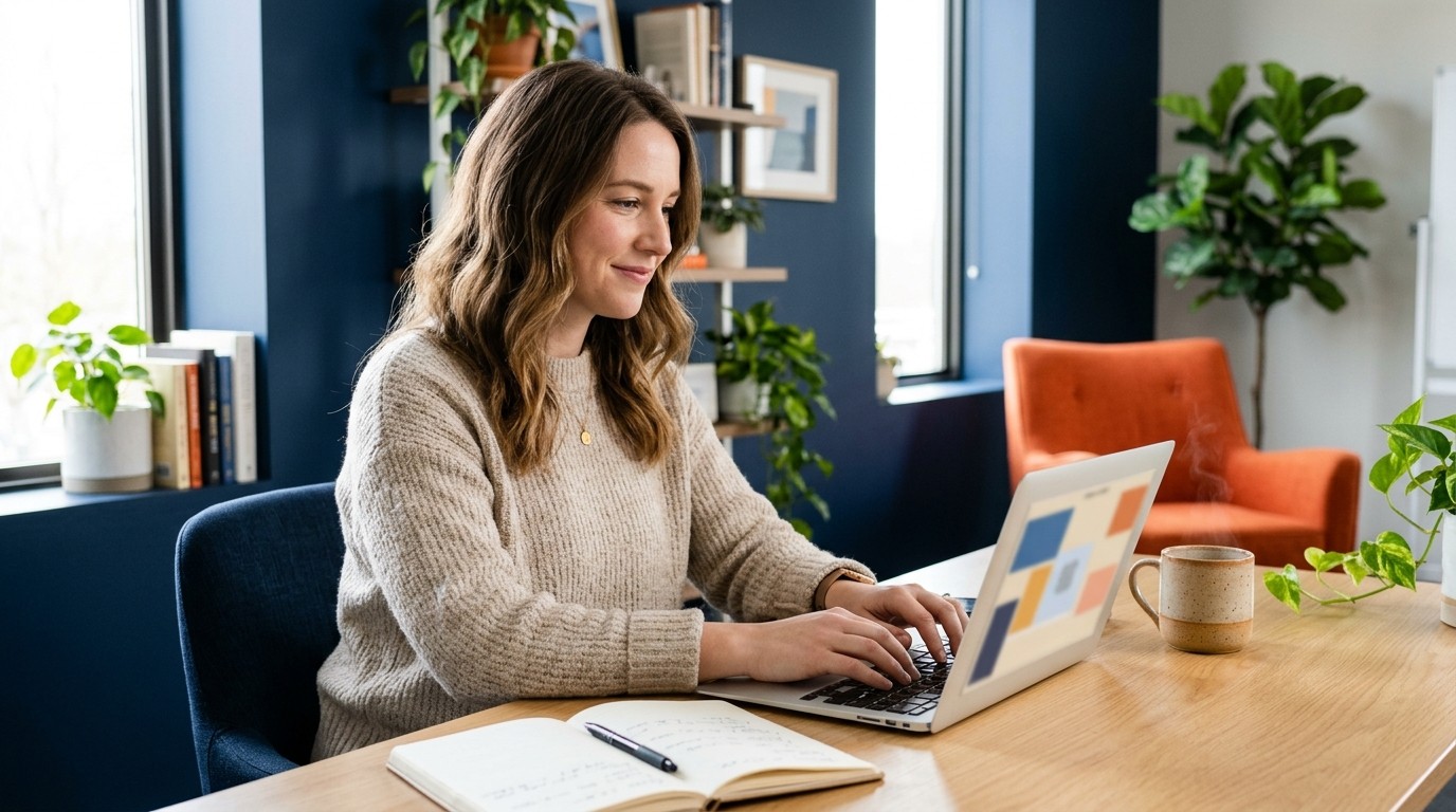 Small business owner at a laptop working alongside an AI assistant drafting a blog post