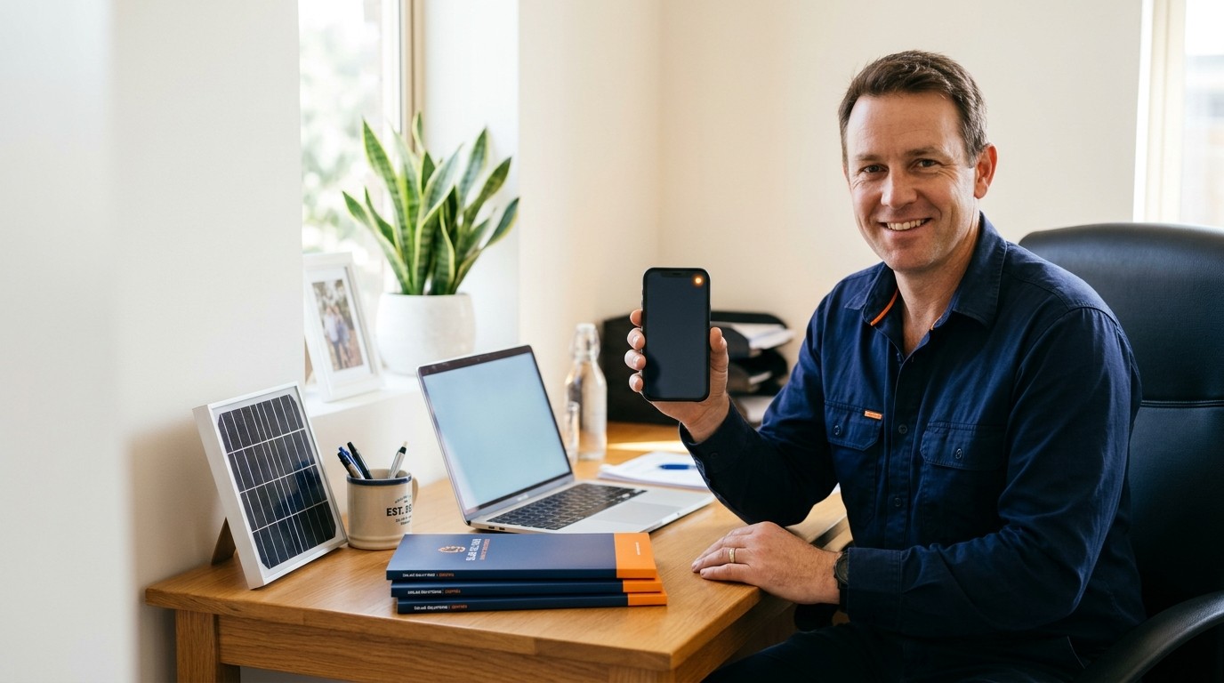 Business owner receiving a hot lead alert on a phone with the lead's history and score displayed