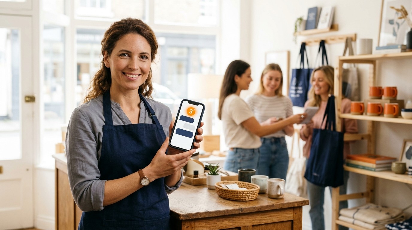 Smartphone showing a new lead alert and an instant automated reply in front of a small business storefront