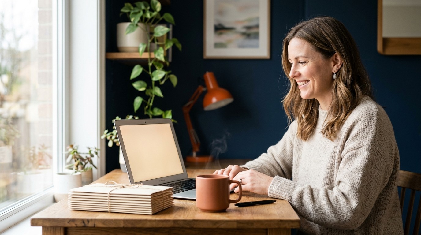 Small business owner at a laptop while envelope icons travel along an automated email path