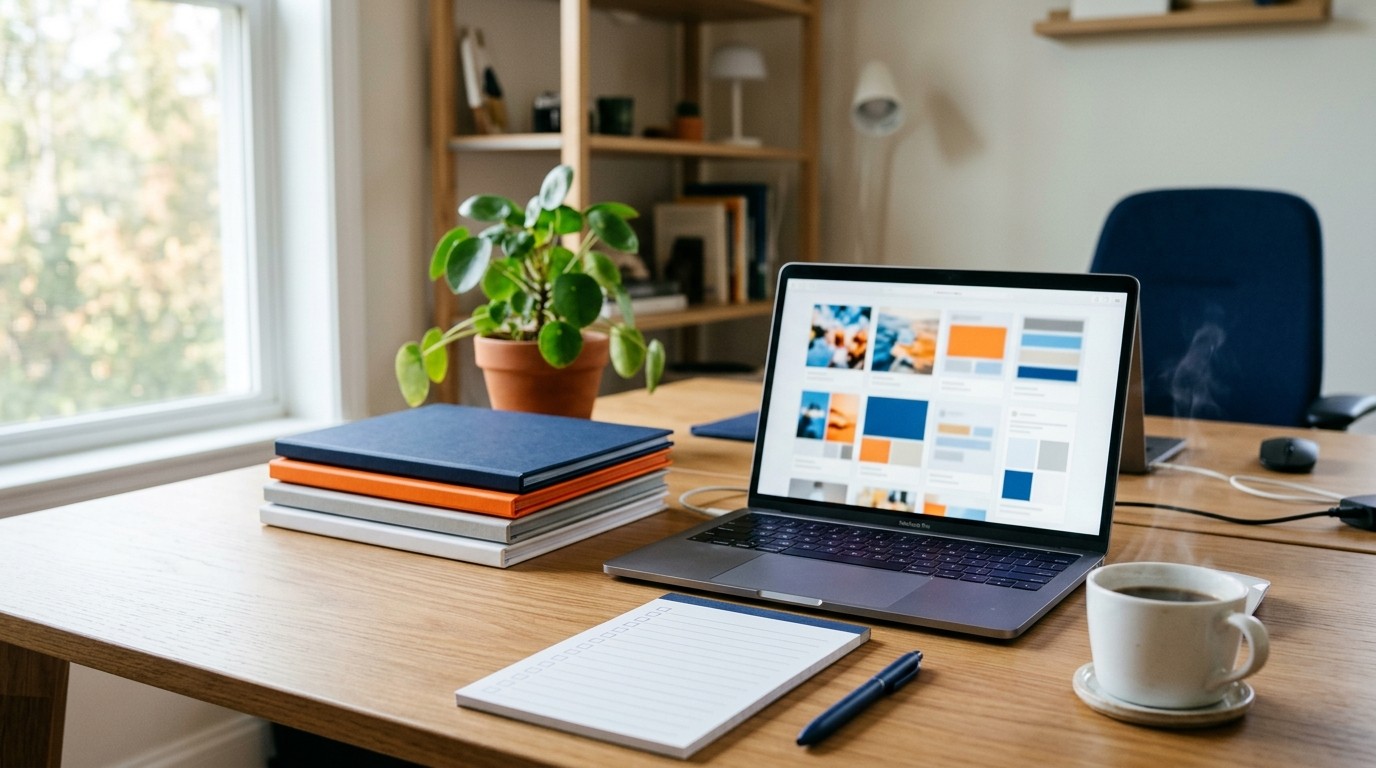 Illustration of a content batching session with a laptop, caption drafts, weekly folders and a checklist