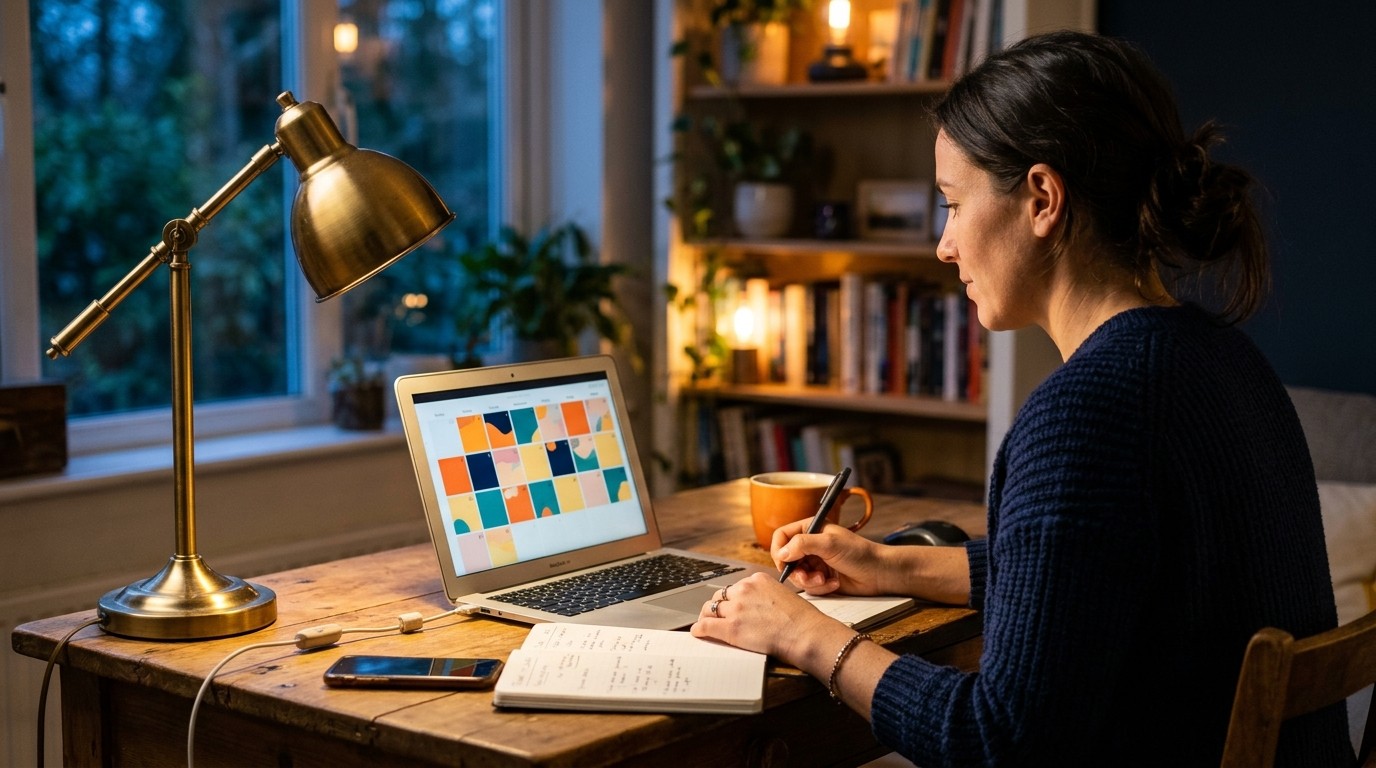 Small business owner at a desk reviewing a 30-day social media content calendar on a laptop